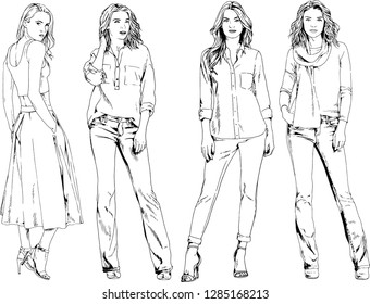 vector drawings on the theme of beautiful slim sporty girl in casual clothes in various poses painted ink hand sketch with no background