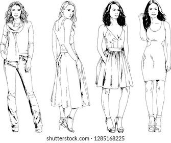 vector drawings on the theme of beautiful slim sporty girl in casual clothes in various poses painted ink hand sketch with no background