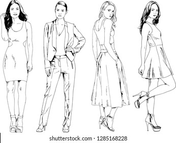 vector drawings on the theme of beautiful slim sporty girl in casual clothes in various poses painted ink hand sketch with no background