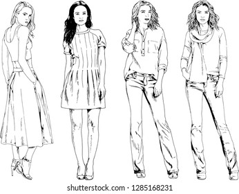 vector drawings on the theme of beautiful slim sporty girl in casual clothes in various poses painted ink hand sketch with no background