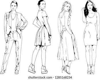 vector drawings on the theme of beautiful slim sporty girl in casual clothes in various poses painted ink hand sketch with no background