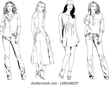 vector drawings on the theme of beautiful slim sporty girl in casual clothes in various poses painted ink hand sketch with no background