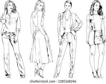 vector drawings on the theme of beautiful slim sporty girl in casual clothes in various poses painted ink hand sketch with no background