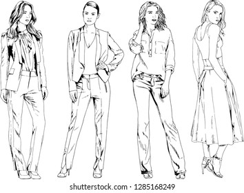 vector drawings on the theme of beautiful slim sporty girl in casual clothes in various poses painted ink hand sketch with no background