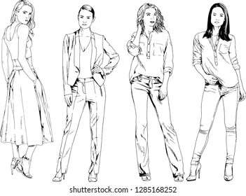 vector drawings on the theme of beautiful slim sporty girl in casual clothes in various poses painted ink hand sketch with no background