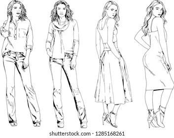 vector drawings on the theme of beautiful slim sporty girl in casual clothes in various poses painted ink hand sketch with no background