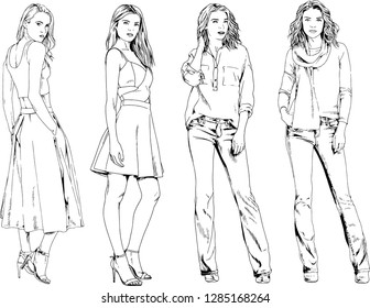 vector drawings on the theme of beautiful slim sporty girl in casual clothes in various poses painted ink hand sketch with no background