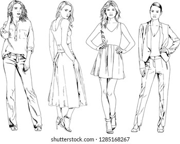 vector drawings on the theme of beautiful slim sporty girl in casual clothes in various poses painted ink hand sketch with no background