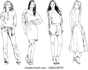 vector drawings on the theme of beautiful slim sporty girl in casual clothes in various poses painted ink hand sketch with no background
