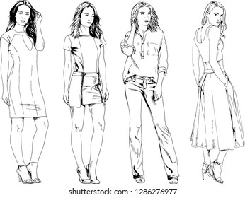 vector drawings on the theme of beautiful slim sporty girl in casual clothes in various poses painted ink hand sketch with no background