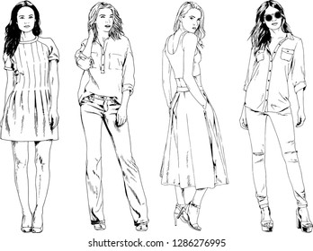 vector drawings on the theme of beautiful slim sporty girl in casual clothes in various poses painted ink hand sketch with no background