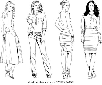 vector drawings on the theme of beautiful slim sporty girl in casual clothes in various poses painted ink hand sketch with no background