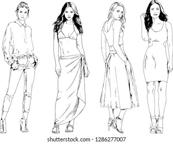 vector drawings on the theme of beautiful slim sporty girl in casual clothes in various poses painted ink hand sketch with no background
