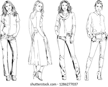 vector drawings on the theme of beautiful slim sporty girl in casual clothes in various poses painted ink hand sketch with no background