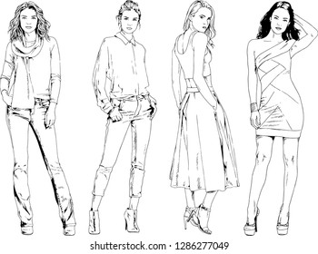 vector drawings on the theme of beautiful slim sporty girl in casual clothes in various poses painted ink hand sketch with no background