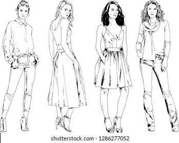 vector drawings on the theme of beautiful slim sporty girl in casual clothes in various poses painted ink hand sketch with no background