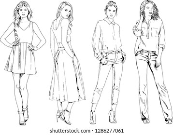 vector drawings on the theme of beautiful slim sporty girl in casual clothes in various poses painted ink hand sketch with no background