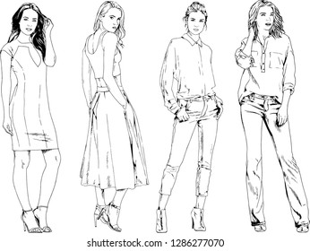 vector drawings on the theme of beautiful slim sporty girl in casual clothes in various poses painted ink hand sketch with no background