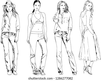 vector drawings on the theme of beautiful slim sporty girl in casual clothes in various poses painted ink hand sketch with no background