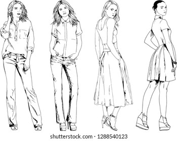 vector drawings on the theme of beautiful slim sporty girl in casual clothes in various poses painted ink hand sketch with no background