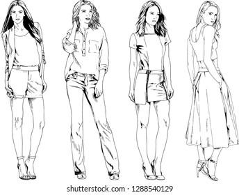 vector drawings on the theme of beautiful slim sporty girl in casual clothes in various poses painted ink hand sketch with no background