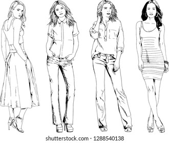 vector drawings on the theme of beautiful slim sporty girl in casual clothes in various poses painted ink hand sketch with no background