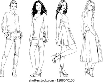 vector drawings on the theme of beautiful slim sporty girl in casual clothes in various poses painted ink hand sketch with no background