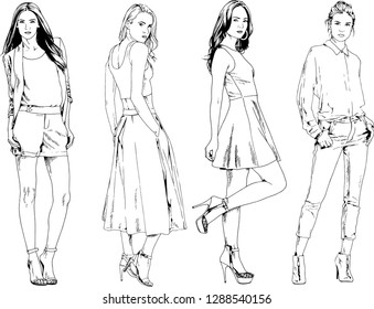 vector drawings on the theme of beautiful slim sporty girl in casual clothes in various poses painted ink hand sketch with no background