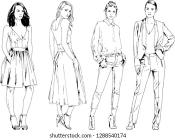 vector drawings on the theme of beautiful slim sporty girl in casual clothes in various poses painted ink hand sketch with no background
