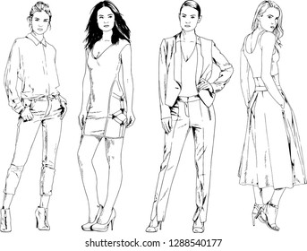 vector drawings on the theme of beautiful slim sporty girl in casual clothes in various poses painted ink hand sketch with no background