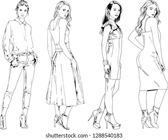 vector drawings on the theme of beautiful slim sporty girl in casual clothes in various poses painted ink hand sketch with no background