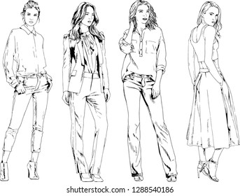 vector drawings on the theme of beautiful slim sporty girl in casual clothes in various poses painted ink hand sketch with no background