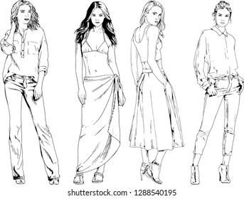 vector drawings on the theme of beautiful slim sporty girl in casual clothes in various poses painted ink hand sketch with no background
