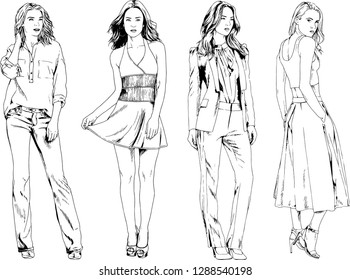 vector drawings on the theme of beautiful slim sporty girl in casual clothes in various poses painted ink hand sketch with no background