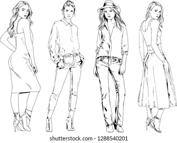 vector drawings on the theme of beautiful slim sporty girl in casual clothes in various poses painted ink hand sketch with no background