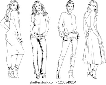 vector drawings on the theme of beautiful slim sporty girl in casual clothes in various poses painted ink hand sketch with no background