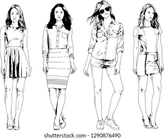 vector drawings on the theme of beautiful slim sporty girl in casual clothes in various poses painted ink hand sketch with no background