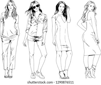 vector drawings on the theme of beautiful slim sporty girl in casual clothes in various poses painted ink hand sketch with no background