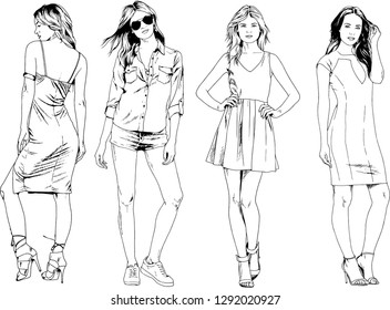 vector drawings on the theme of beautiful slim sporty girl in casual clothes in various poses painted ink hand sketch with no background