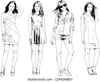 vector drawings on the theme of beautiful slim sporty girl in casual clothes in various poses painted ink hand sketch with no background