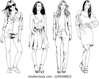 vector drawings on the theme of beautiful slim sporty girl in casual clothes in various poses painted ink hand sketch with no background
