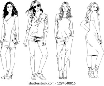 vector drawings on the theme of beautiful slim sporty girl in casual clothes in various poses painted ink hand sketch with no background