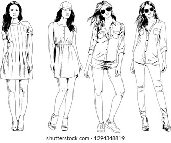 vector drawings on the theme of beautiful slim sporty girl in casual clothes in various poses painted ink hand sketch with no background
