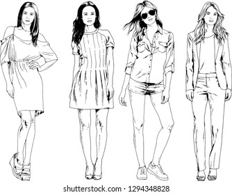 vector drawings on the theme of beautiful slim sporty girl in casual clothes in various poses painted ink hand sketch with no background