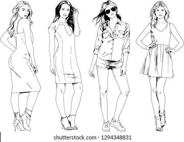 vector drawings on the theme of beautiful slim sporty girl in casual clothes in various poses painted ink hand sketch with no background