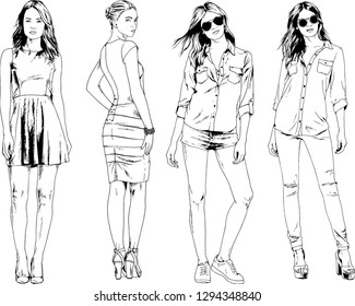 vector drawings on the theme of beautiful slim sporty girl in casual clothes in various poses painted ink hand sketch with no background