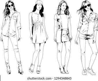 vector drawings on the theme of beautiful slim sporty girl in casual clothes in various poses painted ink hand sketch with no background