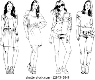 vector drawings on the theme of beautiful slim sporty girl in casual clothes in various poses painted ink hand sketch with no background