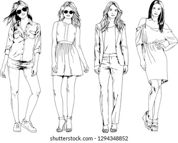 vector drawings on the theme of beautiful slim sporty girl in casual clothes in various poses painted ink hand sketch with no background
