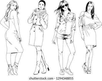 vector drawings on the theme of beautiful slim sporty girl in casual clothes in various poses painted ink hand sketch with no background